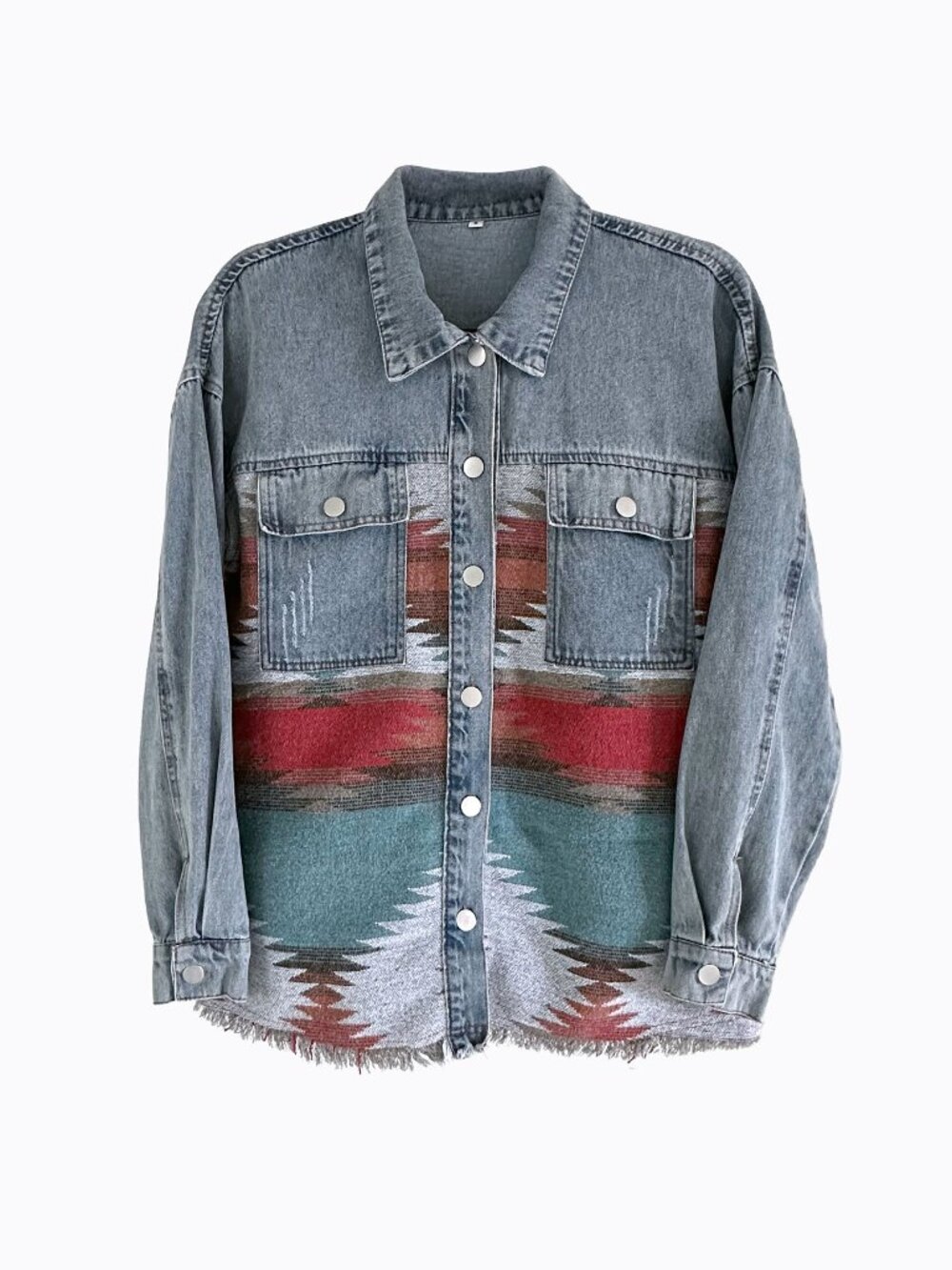 Aztec Geometric Jean Shacket L Button Down Western Boho Distressed Denim Jacket